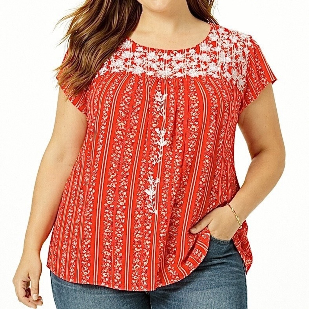 SAVANNA JANE Blouse sz 1X Red-Orange Floral Striped Embroidery Boho Cottagecore
